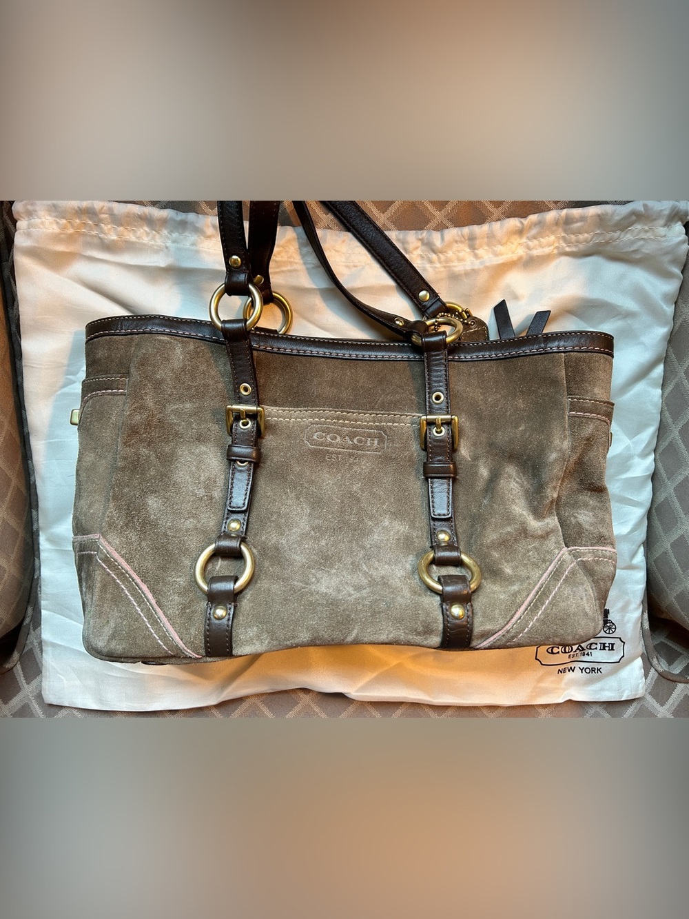 Coach Hampton Brown Suede Shoulder Handbag Pink Contrast F06Q-10382